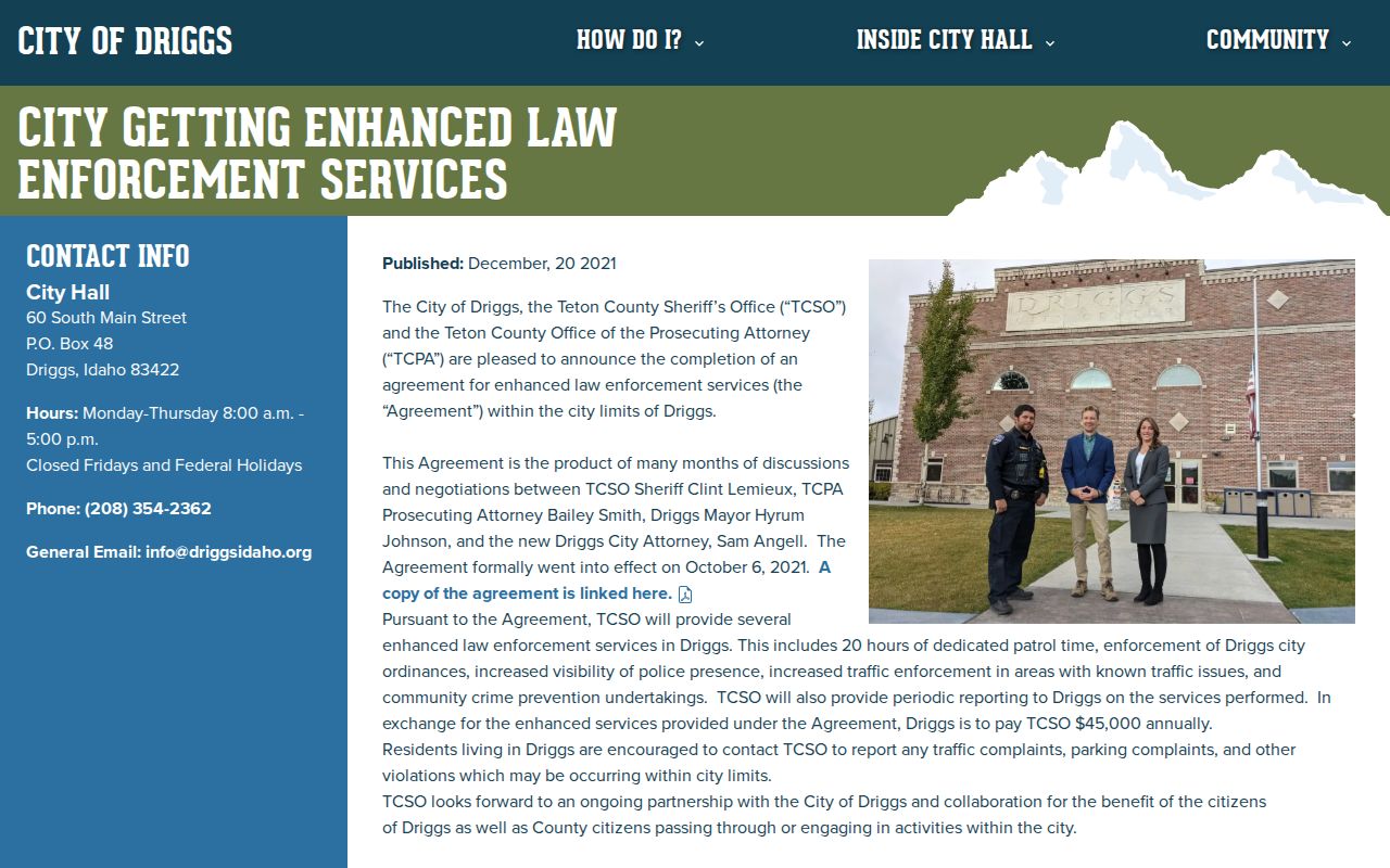 Driggs enhanced Teton County Sheriff law-enforcement service announcement