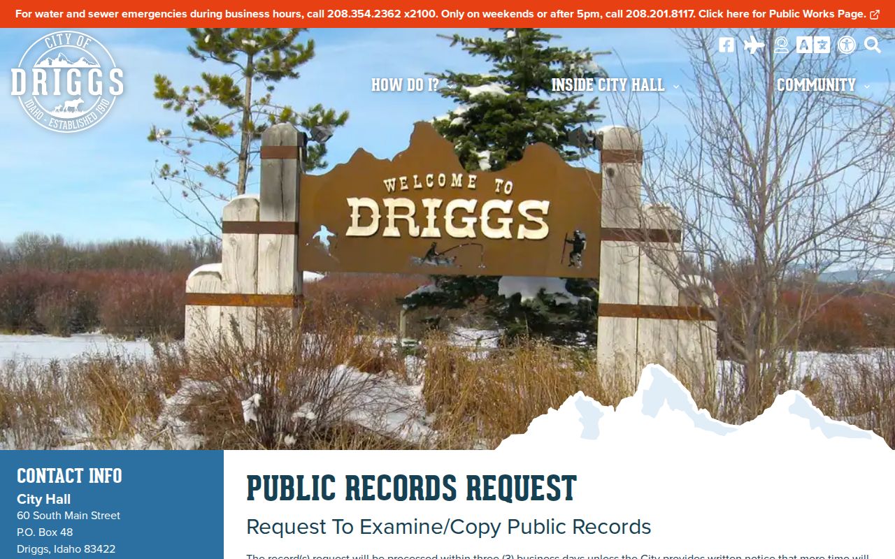 Driggs Idaho public-records request page for city-held arrest records
