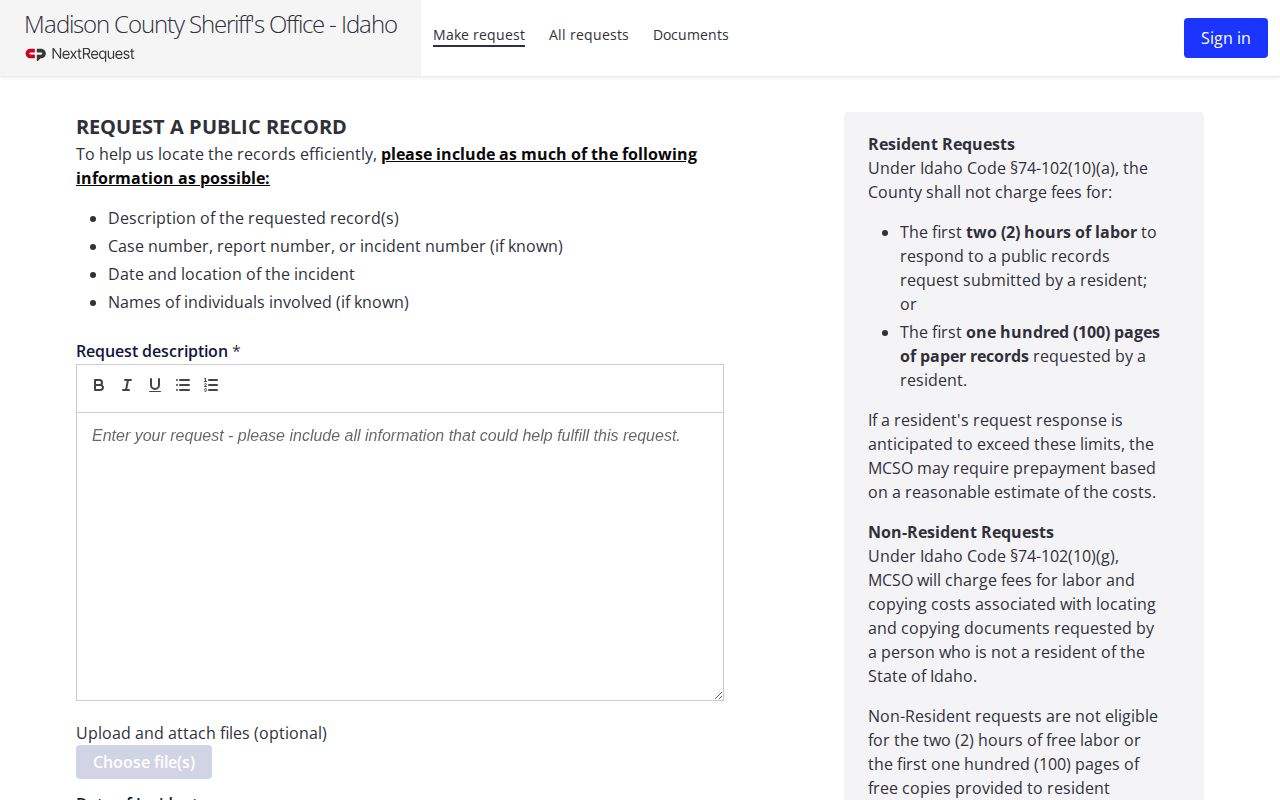 Madison County public-records request portal for Teton detention records