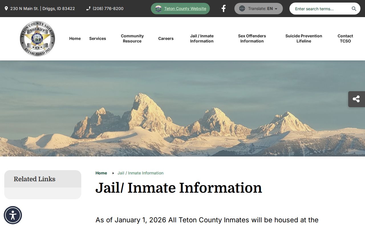Teton County Sheriff jail and inmate information for Madison custody records