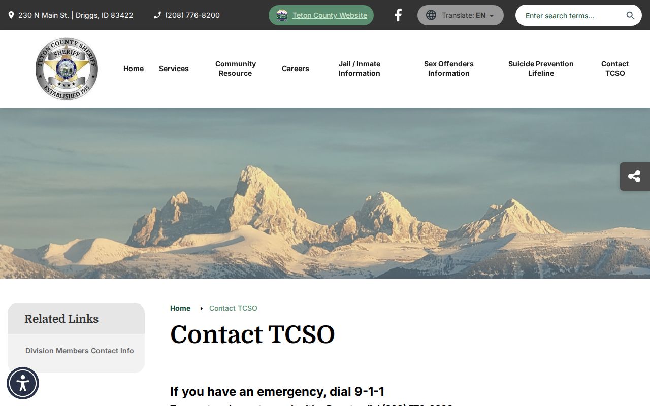 Teton County Sheriff official contact page for warrant and public-safety questions
