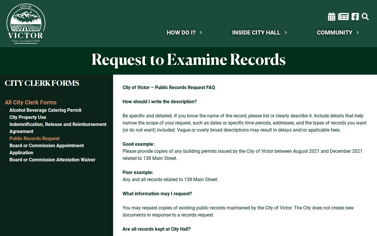 Victor Idaho public-records request form for city-held records